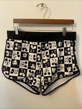 Disney Black & White Mickey Mouse Checkerboard Shorts with Red Logo